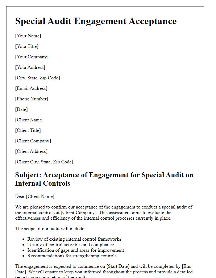 Letter template of special audit engagement acceptance for internal controls assessment.