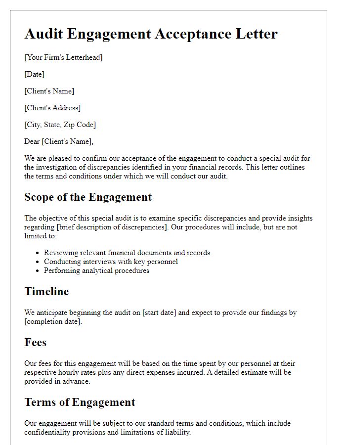 Letter template of special audit engagement acceptance for investigation of discrepancies.