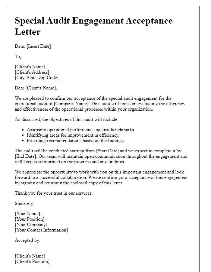 Letter template of special audit engagement acceptance for operational audit.