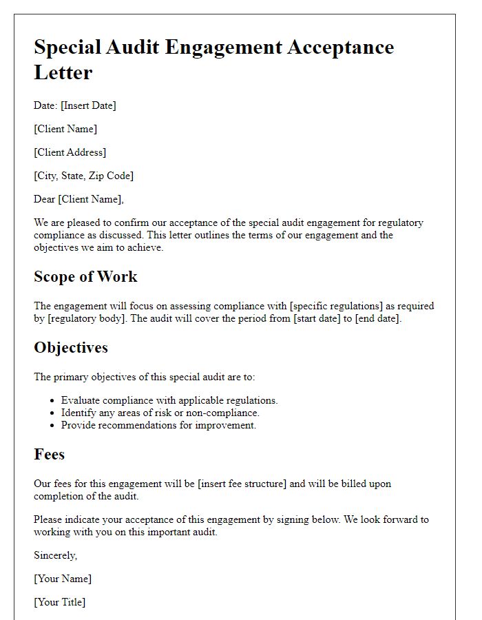 Letter template of special audit engagement acceptance for regulatory compliance.