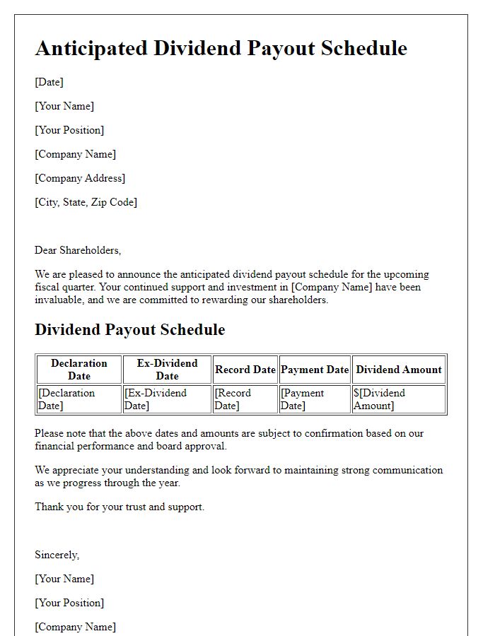 Letter template of anticipated dividend payout schedule