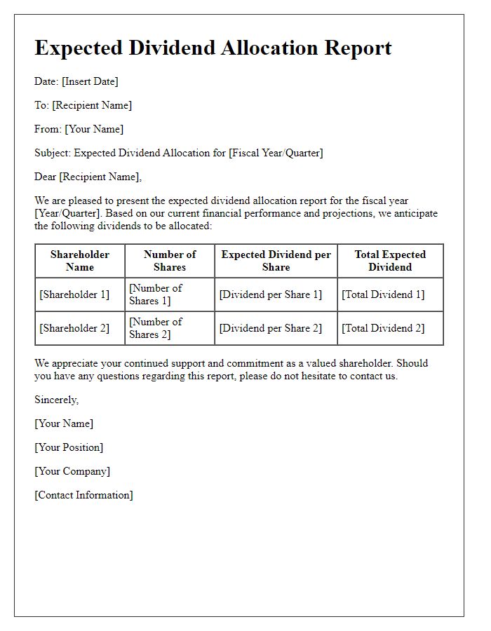 Letter template of expected dividend allocation report