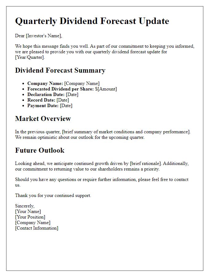 Letter template of quarterly dividend forecast updates