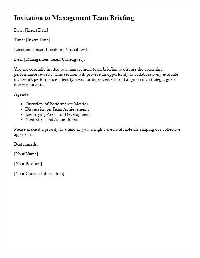 Letter template of management team briefing invitation for performance review discussion.