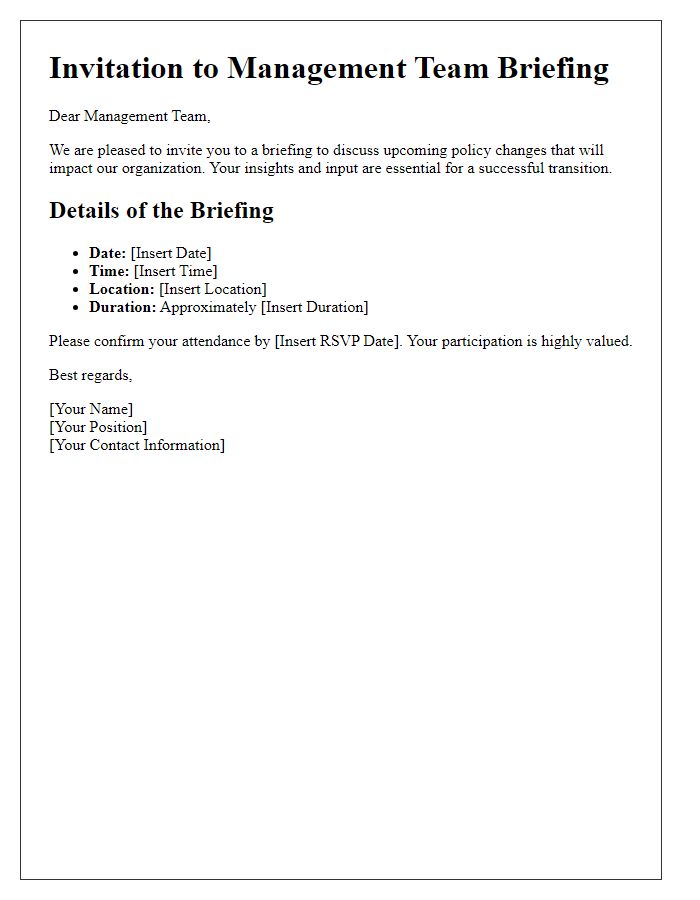 Letter template of management team briefing invitation for policy changes discussion.