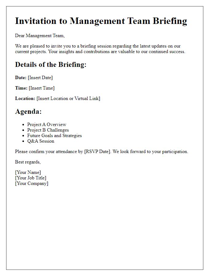 Letter template of management team briefing invitation for project updates.