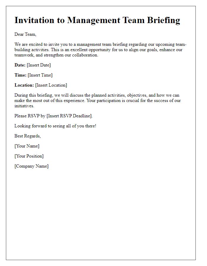 Letter template of management team briefing invitation for team-building activities.