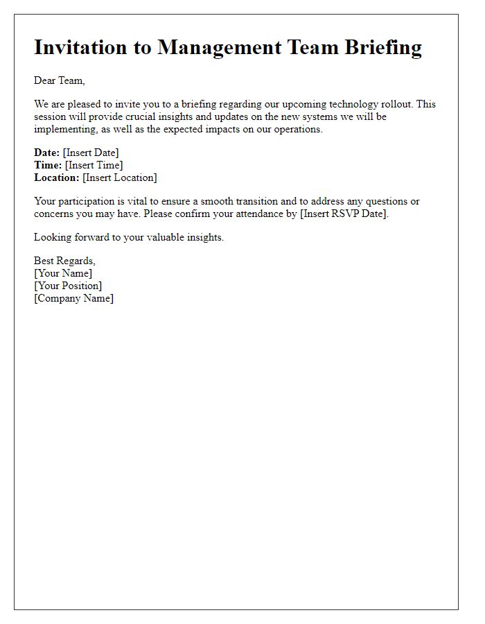 Letter template of management team briefing invitation for technology rollout briefing.