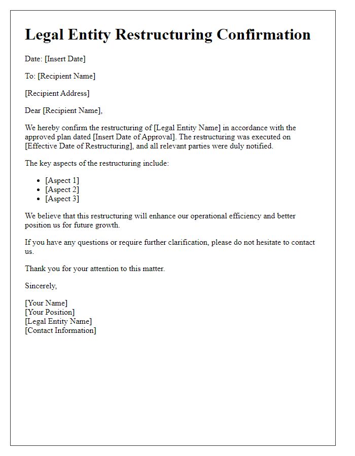 Letter template of legal entity restructuring confirmation