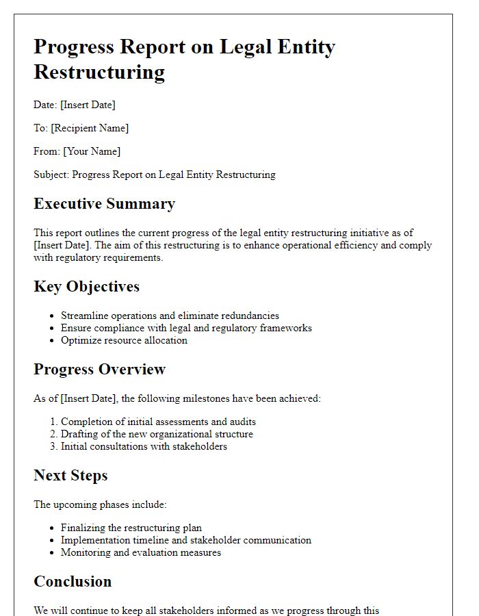 Letter template of legal entity restructuring progress report