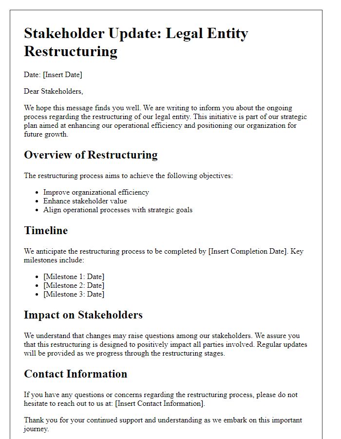 Letter template of legal entity restructuring stakeholder update