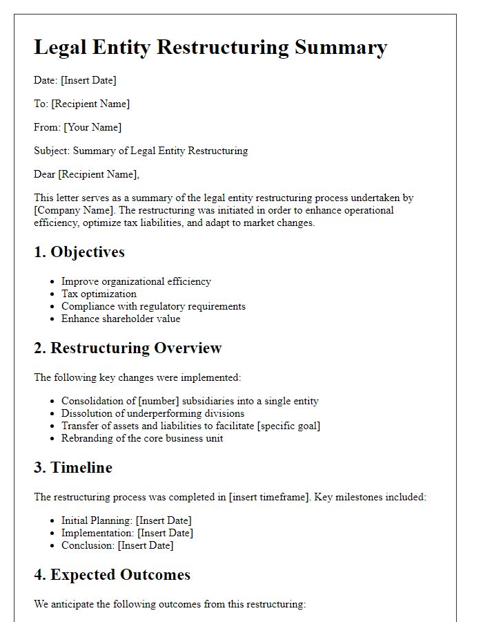 Letter template of legal entity restructuring summary