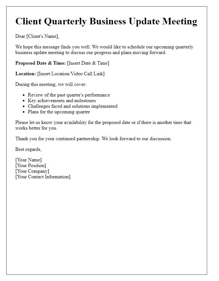 Letter template of client quarterly business update meeting