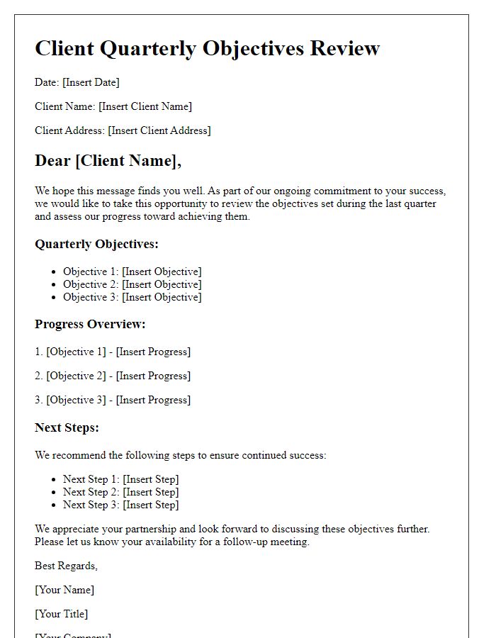 Letter template of client quarterly objectives review