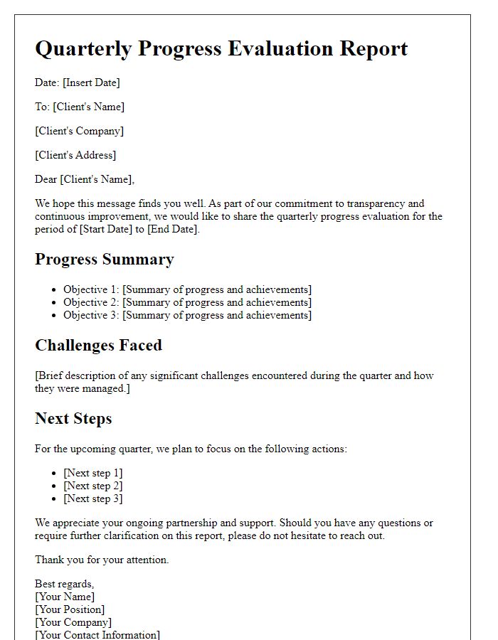 Letter template of client quarterly progress evaluation