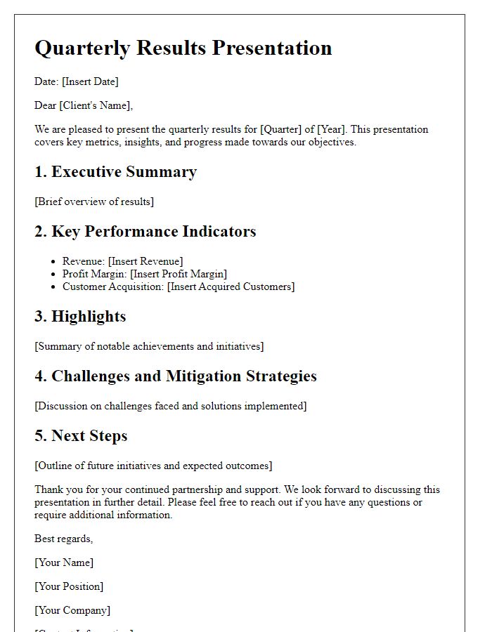 Letter template of client quarterly results presentation