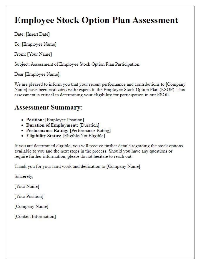 Letter template of employee stock option plan assessment