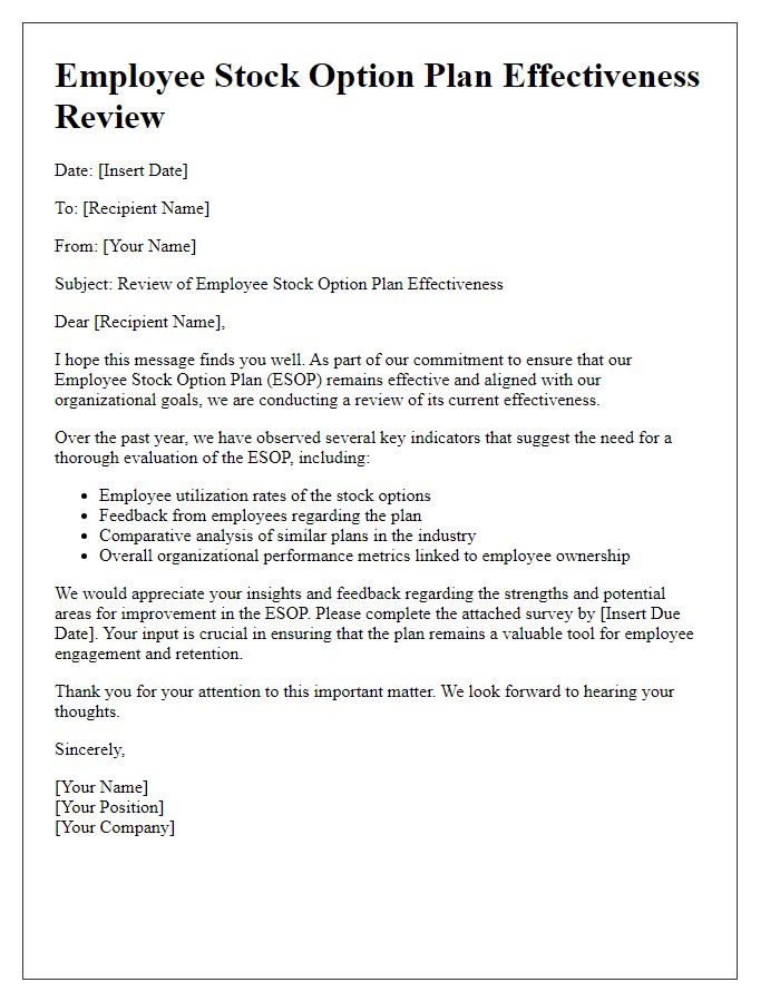 Letter template of employee stock option plan effectiveness review