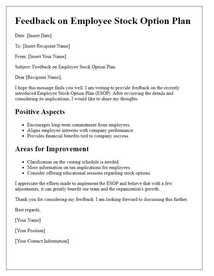 Letter template of employee stock option plan feedback