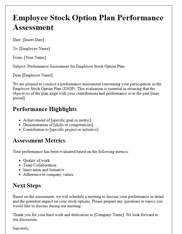 Letter template of employee stock option plan performance assessment