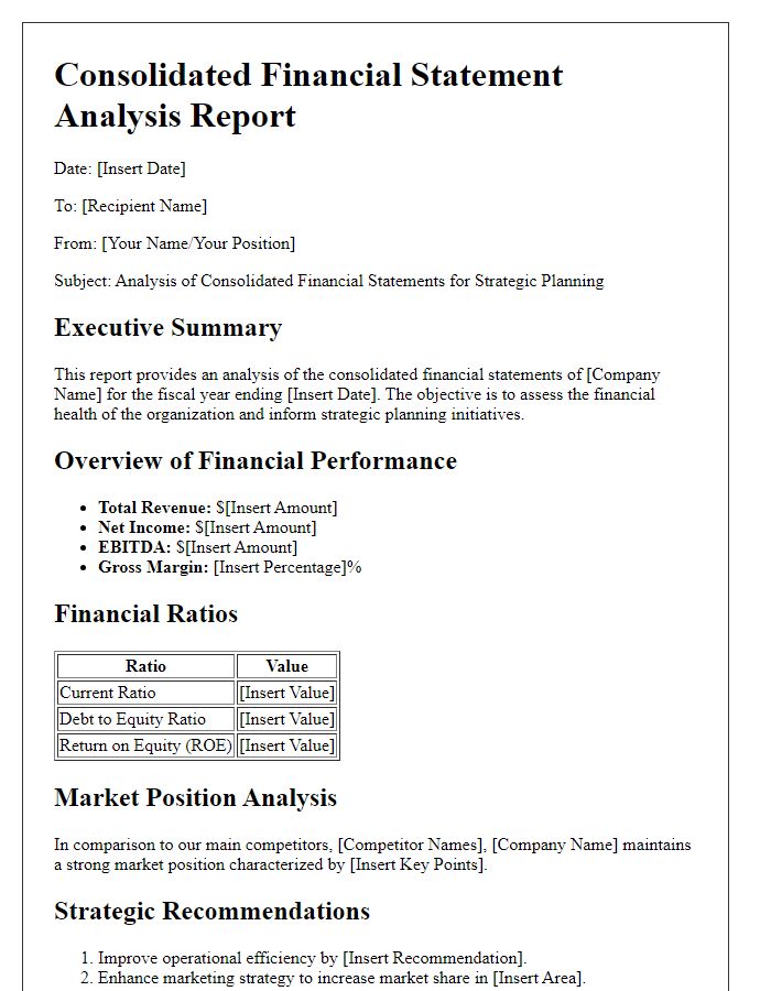 Letter template of consolidated financial statement analysis for strategic planning