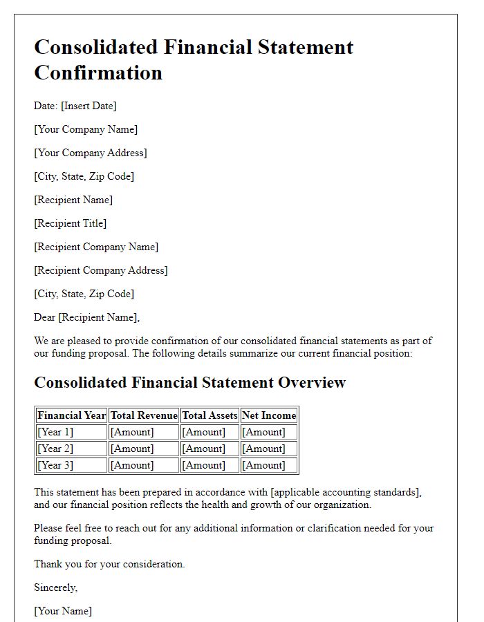 Letter template of consolidated financial statement confirmation for funding proposals