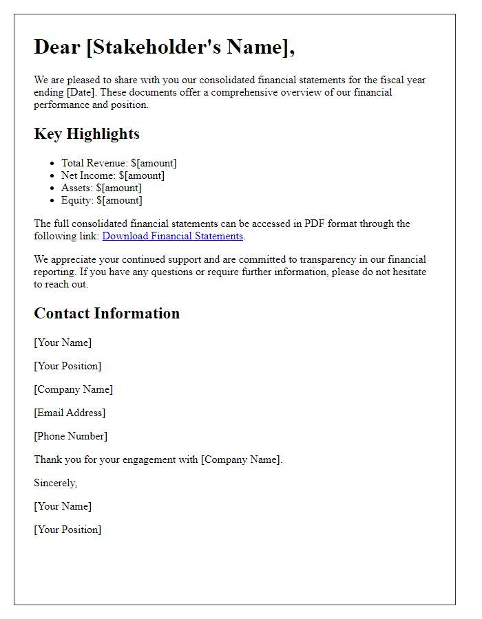 Letter template of consolidated financial statement distribution to stakeholders