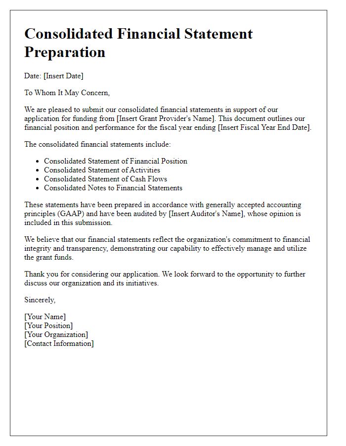 Letter template of consolidated financial statement preparation for grant applications