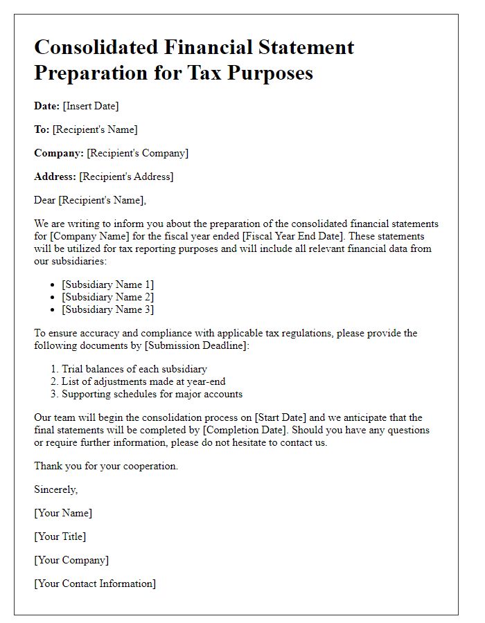 Letter template of consolidated financial statement preparation for tax purposes