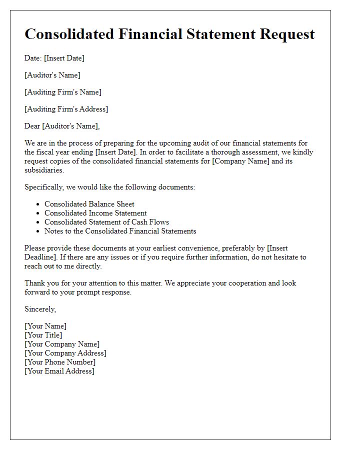 Letter template of consolidated financial statement request for audit purposes