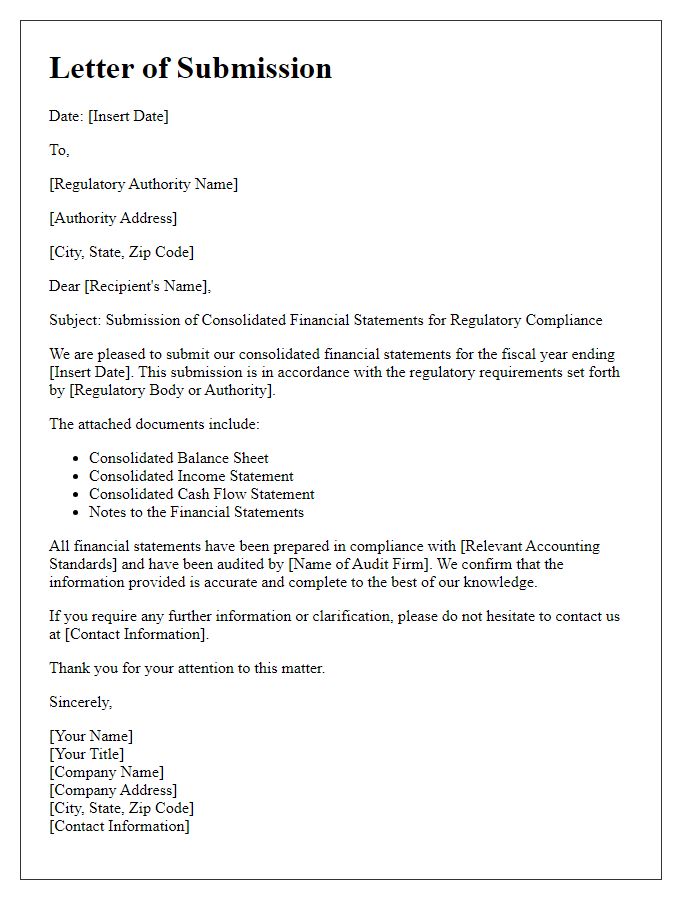 Letter template of consolidated financial statement submission for regulatory compliance