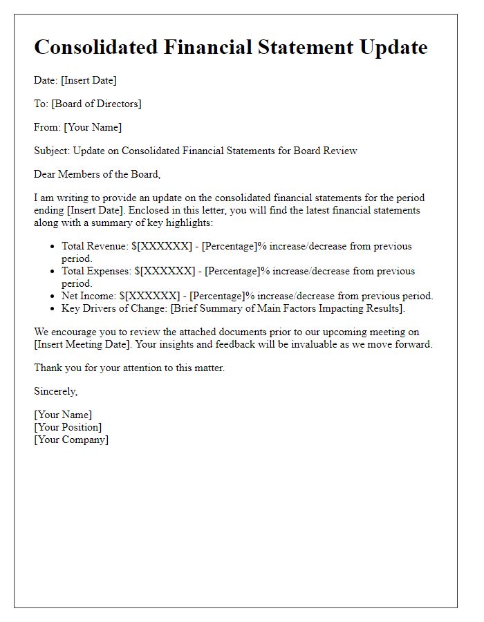 Letter template of consolidated financial statement update for board review