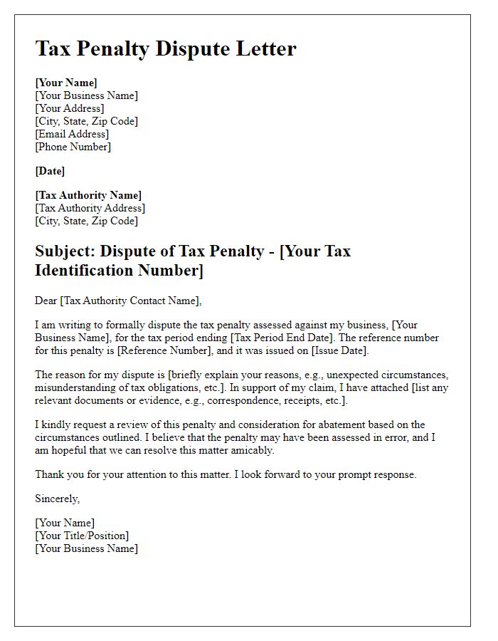 Letter template of tax penalty dispute for small business owners.