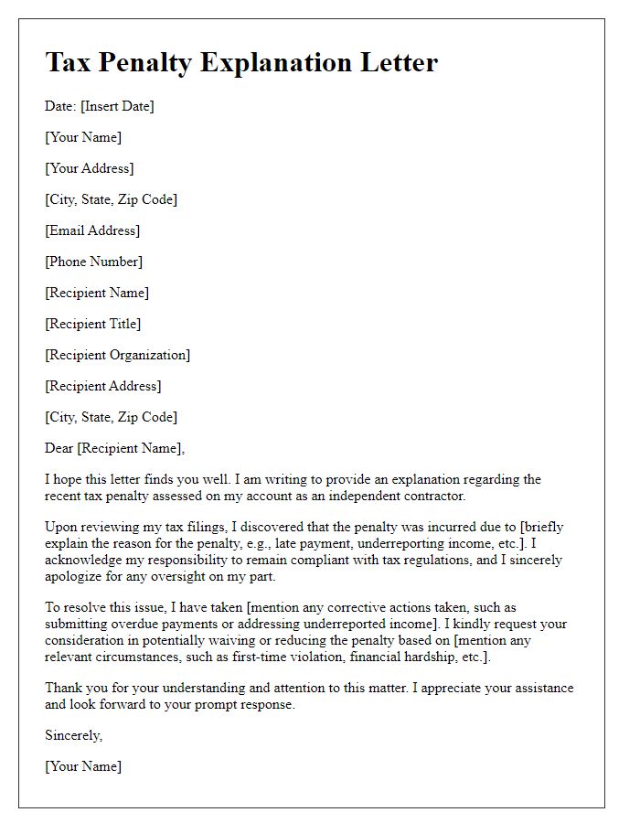 Letter template of tax penalty explanation for independent contractors.