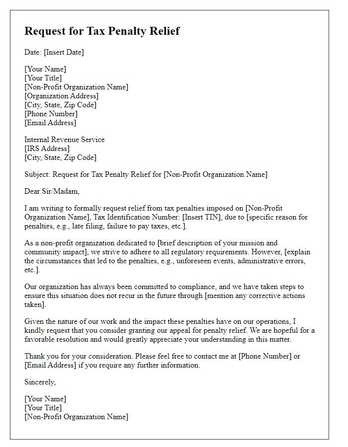 Letter template of tax penalty relief request for non-profits.