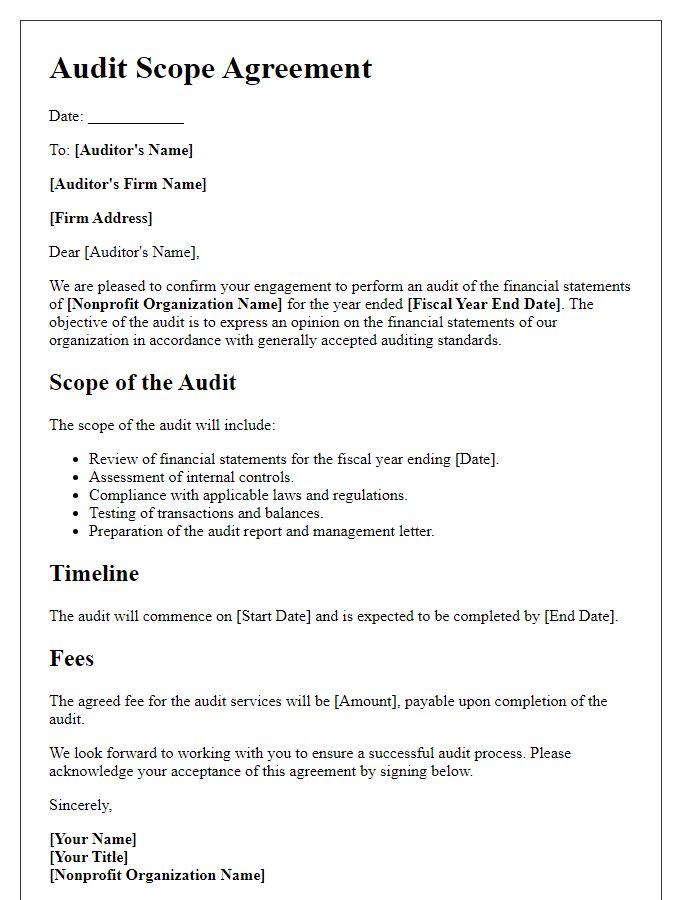 Letter template of nonprofit organization audit scope agreement