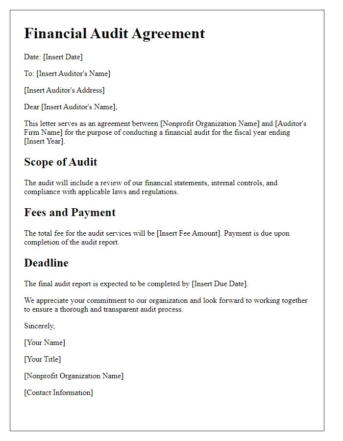 Letter template of nonprofit organization financial audit agreement