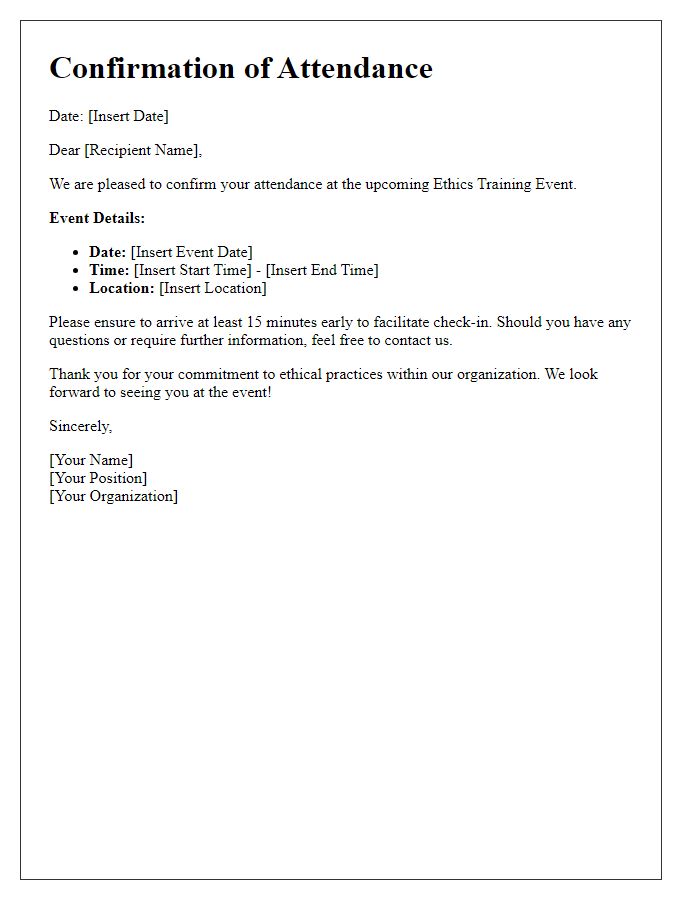 Letter template of confirmation for attendance at ethics training event