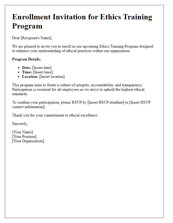 Letter template of enrollment invitation for ethics training program