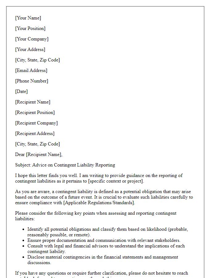 Letter template of advice on contingent liability reporting.