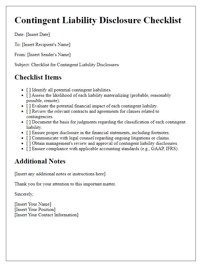 Letter template of checklist for contingent liability disclosures.