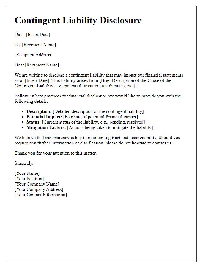 Letter template of contingent liability disclosure best practices.