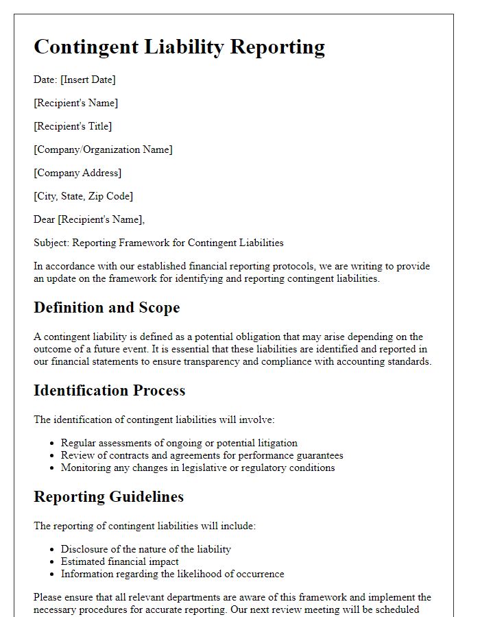 Letter template of framework for contingent liability reporting.