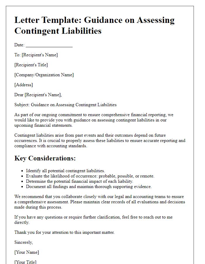 Letter template of guidance on assessing contingent liabilities.