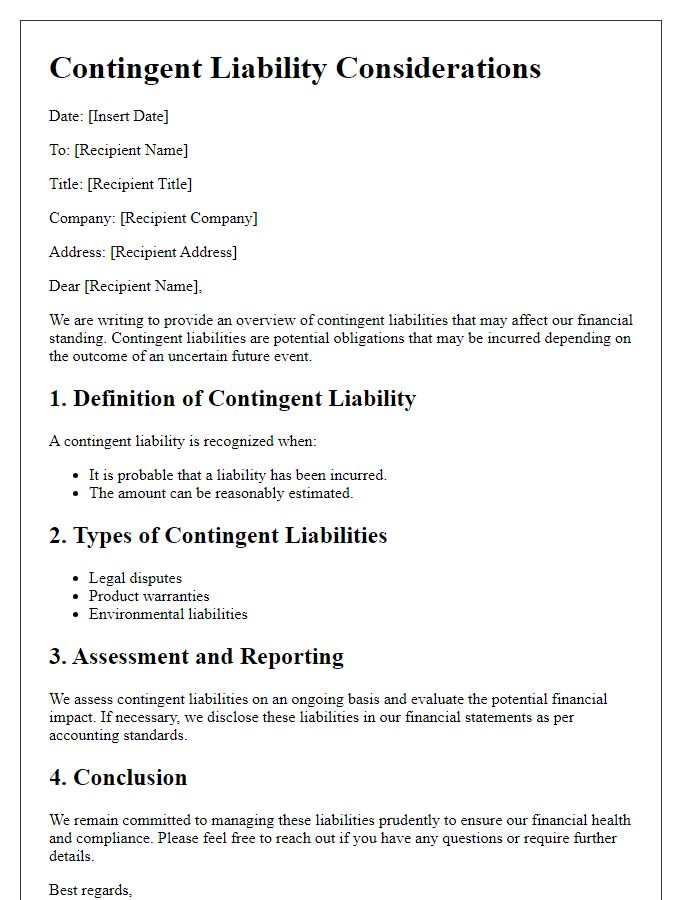 Letter template of overview for contingent liability considerations.