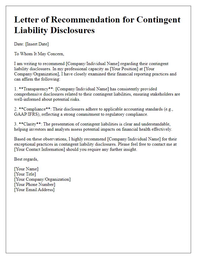 Letter template of recommendations for contingent liability disclosures.