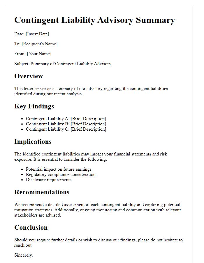 Letter template of summary for contingent liability advisory.