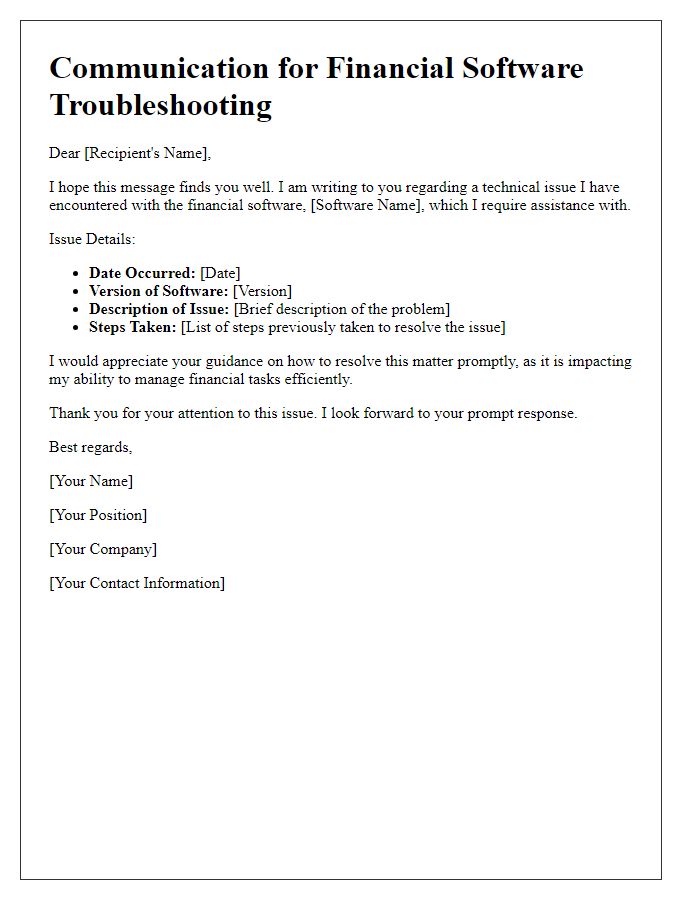 Letter template of communication for financial software troubleshooting aid