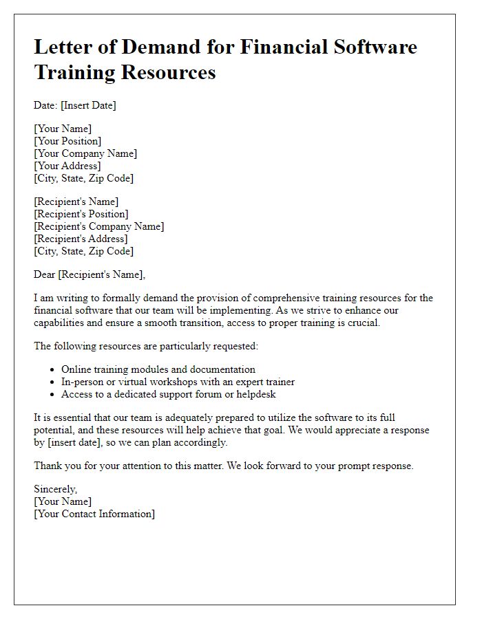 Letter template of demand for financial software training resources