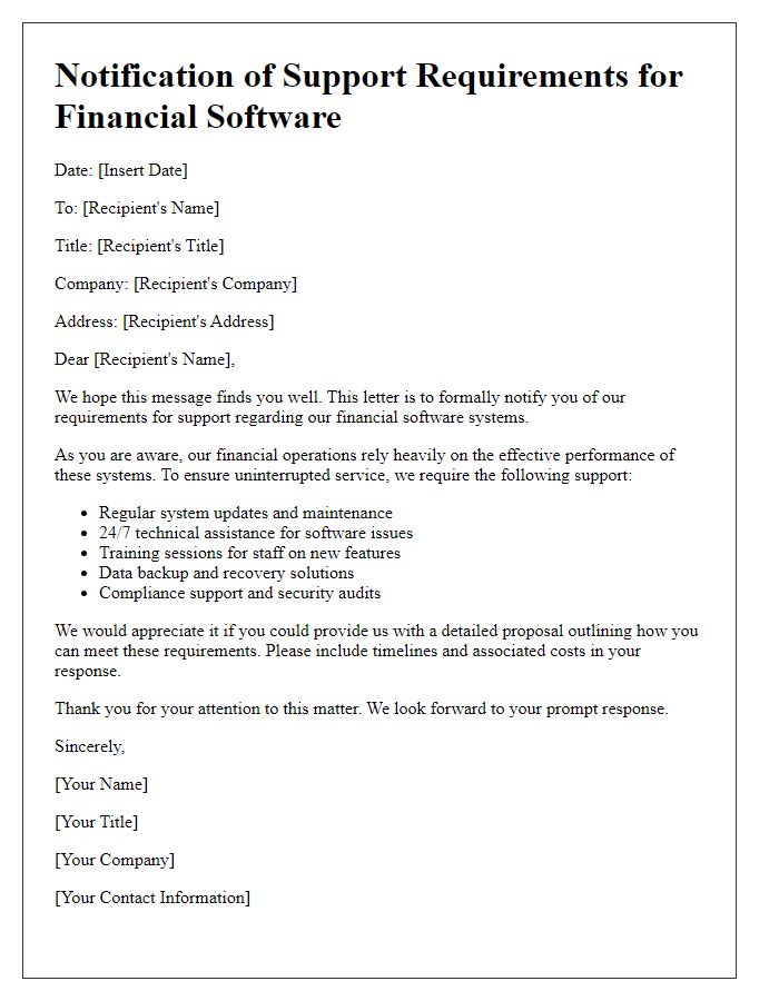 Letter template of notification for financial software support requirements